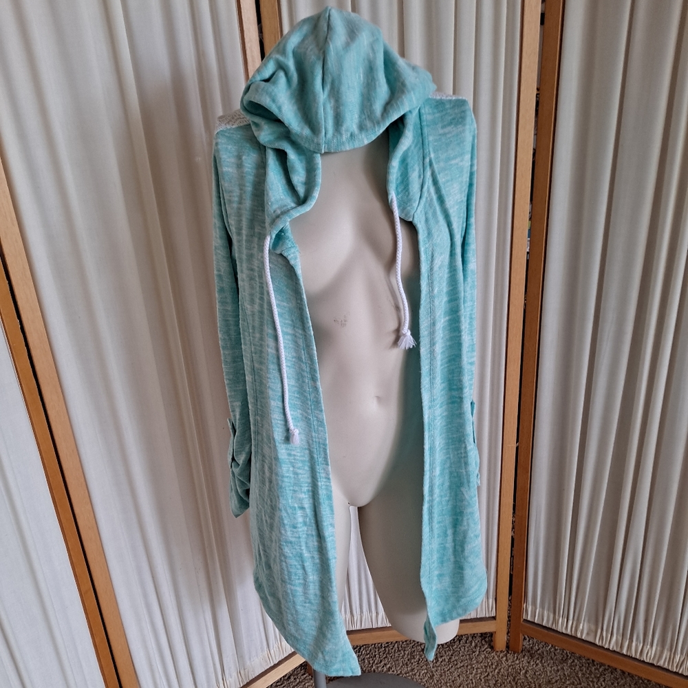 NoBo Sea Foam Green HiLo Buttonless Cardigan with see through mesh lace …